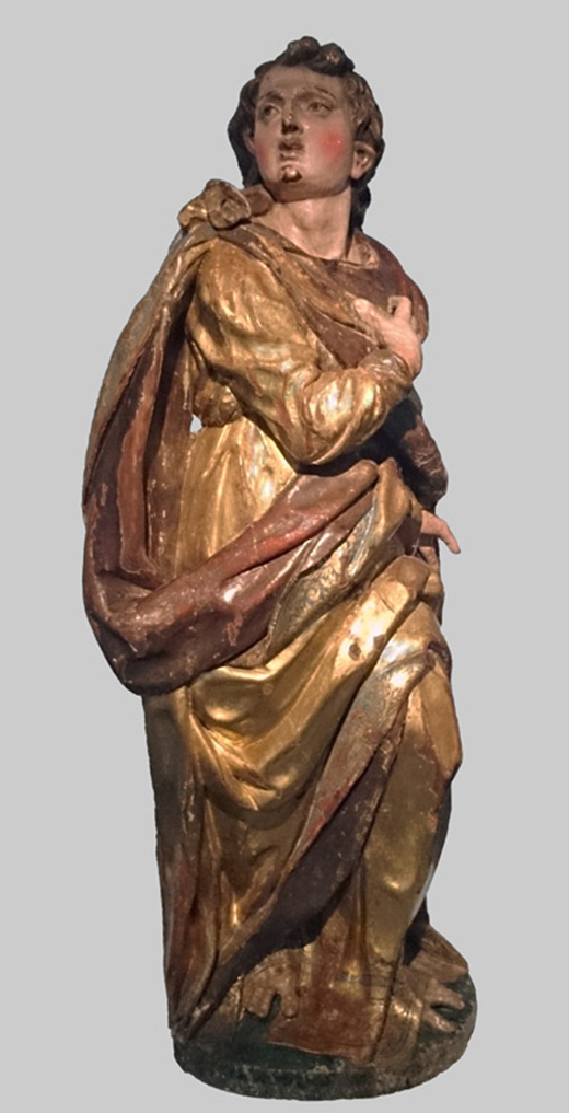 San Juan Evangelista, Círculo de Juan Rodríguez. Mediados del siglo XVI. Escultura en madera policromada /140 x 65 x 35 cm. Fundación Simón Ruiz (obra depositada en el Museo de las Ferias) 